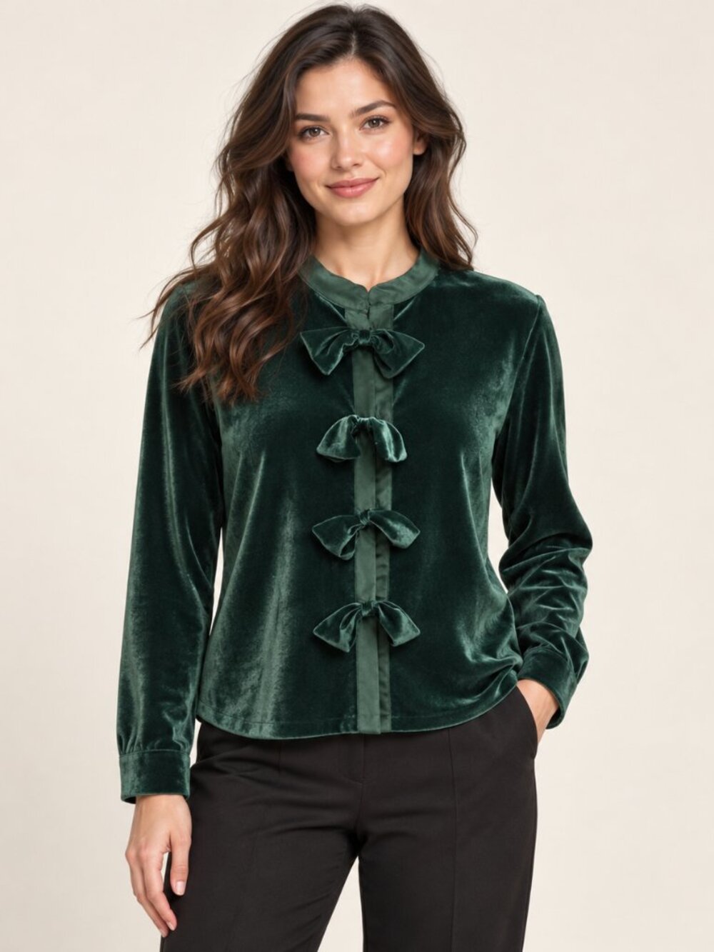 Taylor Tillman Emerald Velvet Bow Back Top S